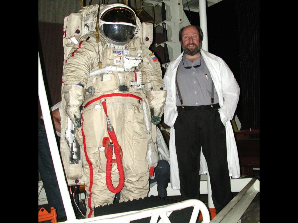 Steven J. Schwartz with ORLAN Spacesuit